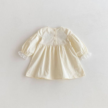 長袖ワンピース 長袖ワンピース 膝丈 花柄刺繍 レース切替 ギャザー パフスリーブ プリンセス【mh0011383】