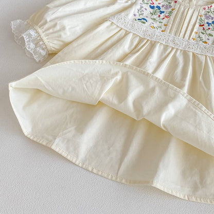 長袖ワンピース 長袖ワンピース 膝丈 花柄刺繍 レース切替 ギャザー パフスリーブ プリンセス【mh0011383】