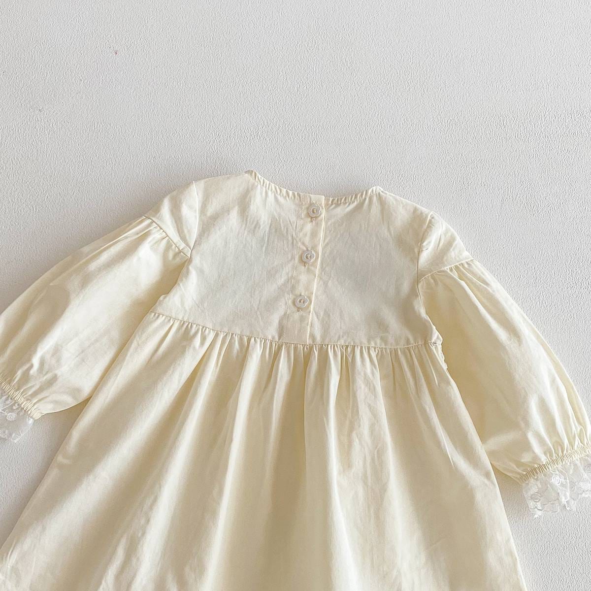 長袖ワンピース 長袖ワンピース 膝丈 花柄刺繍 レース切替 ギャザー パフスリーブ プリンセス【mh0011383】