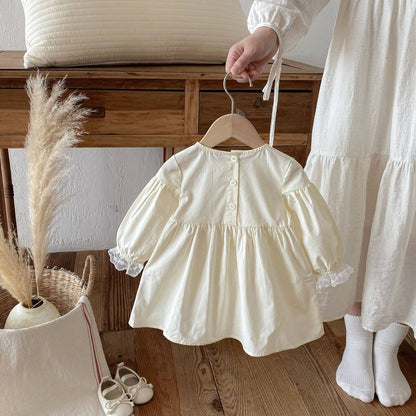 長袖ワンピース 長袖ワンピース 膝丈 花柄刺繍 レース切替 ギャザー パフスリーブ プリンセス【mh0011383】