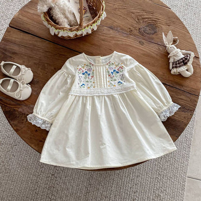 長袖ワンピース 長袖ワンピース 膝丈 花柄刺繍 レース切替 ギャザー パフスリーブ プリンセス【mh0011383】