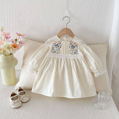 長袖ワンピース 長袖ワンピース 膝丈 花柄刺繍 レース切替 ギャザー パフスリーブ プリンセス【mh0011383】