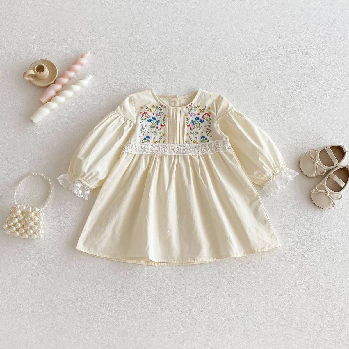 長袖ワンピース 長袖ワンピース 膝丈 花柄刺繍 レース切替 ギャザー パフスリーブ プリンセス【mh0011383】