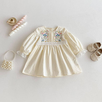 長袖ワンピース 長袖ワンピース 膝丈 花柄刺繍 レース切替 ギャザー パフスリーブ プリンセス【mh0011383】