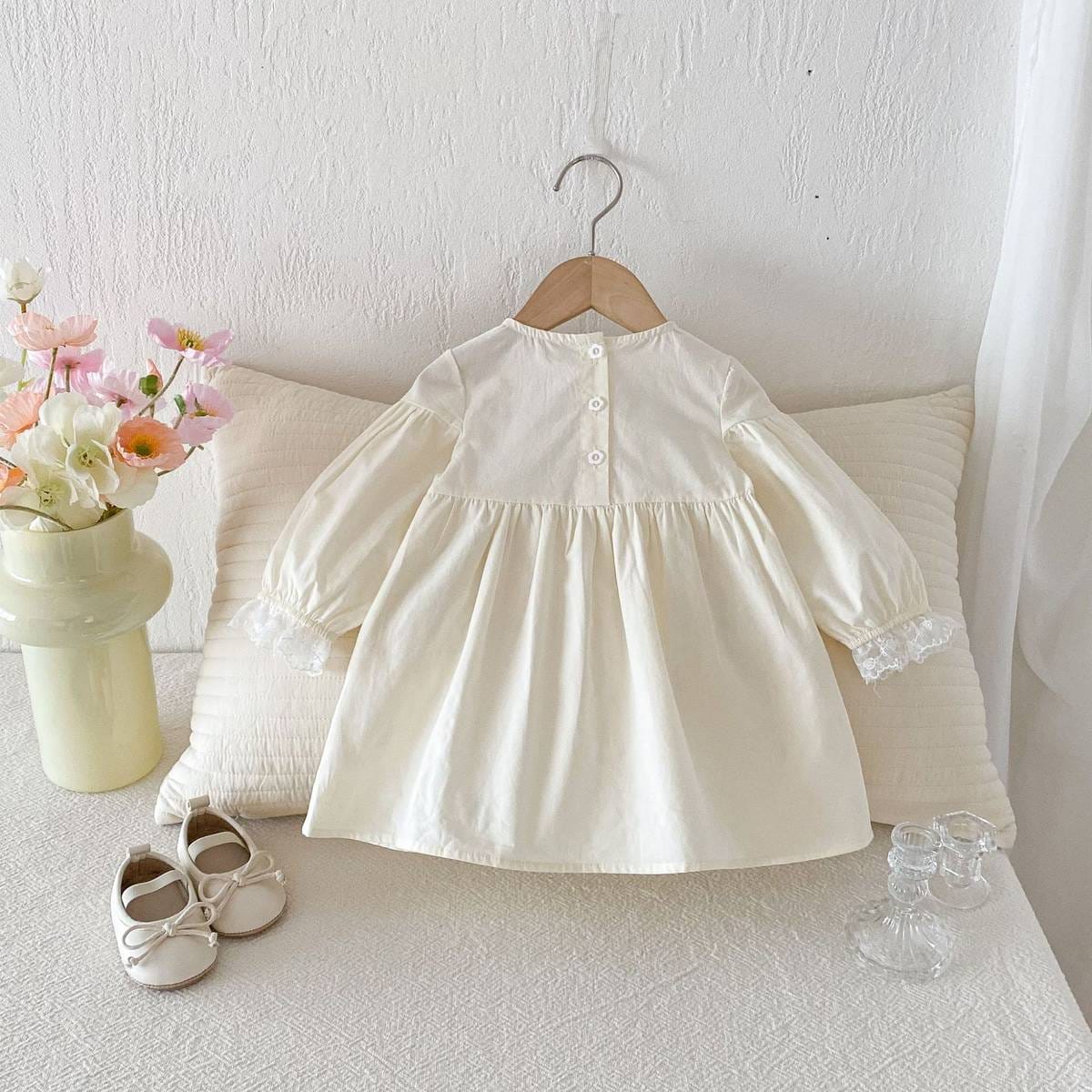 長袖ワンピース 長袖ワンピース 膝丈 花柄刺繍 レース切替 ギャザー パフスリーブ プリンセス【mh0011383】