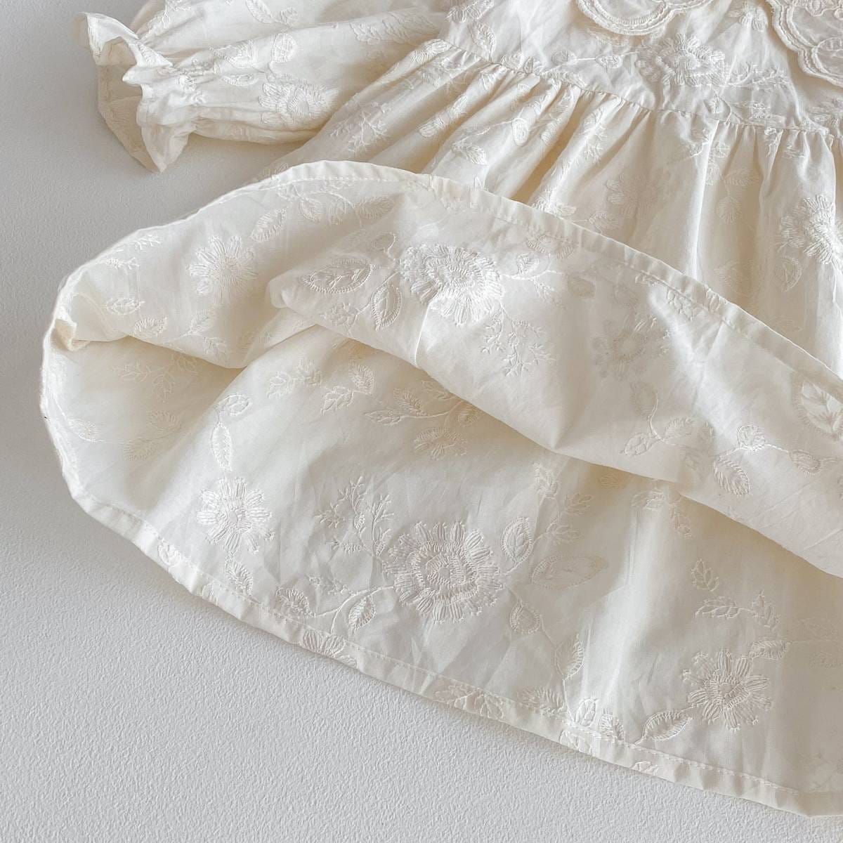 長袖ワンピース 長袖ワンピース 膝丈 花柄ジャガード 丸襟 レース刺繍 ギャザー プリンセス【mh0011384】