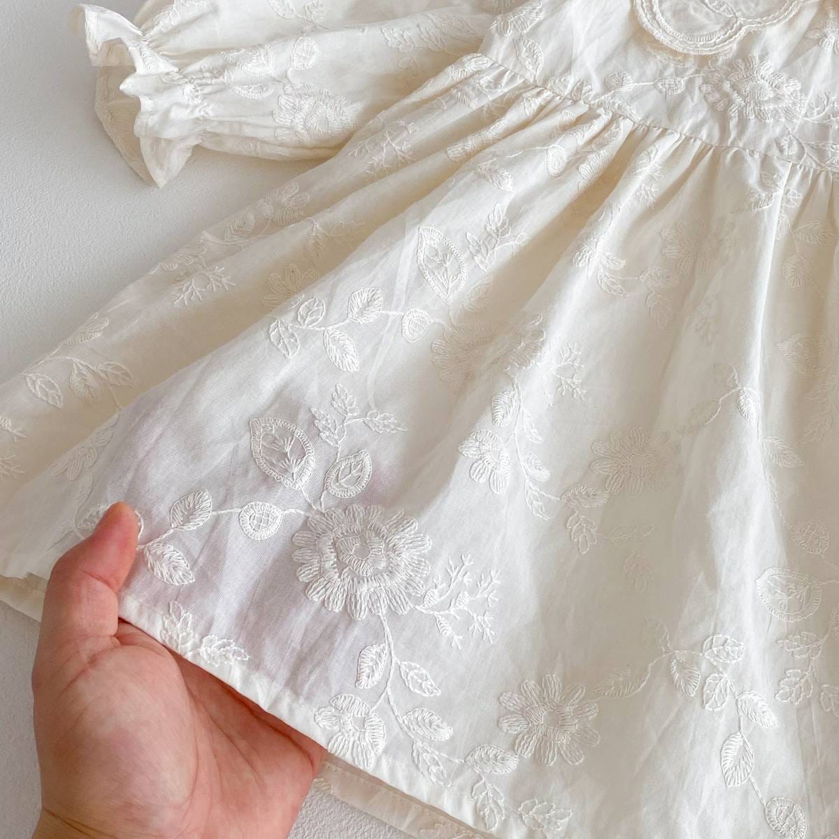 長袖ワンピース 長袖ワンピース 膝丈 花柄ジャガード 丸襟 レース刺繍 ギャザー プリンセス【mh0011384】