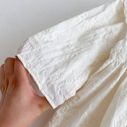 長袖ワンピース 長袖ワンピース 膝丈 花柄ジャガード 丸襟 レース刺繍 ギャザー プリンセス【mh0011384】