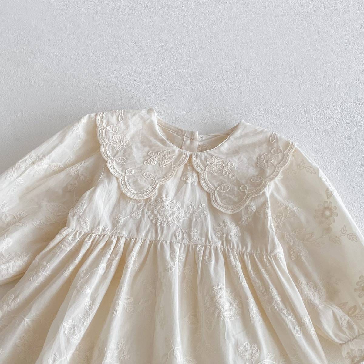 長袖ワンピース 長袖ワンピース 膝丈 花柄ジャガード 丸襟 レース刺繍 ギャザー プリンセス【mh0011384】