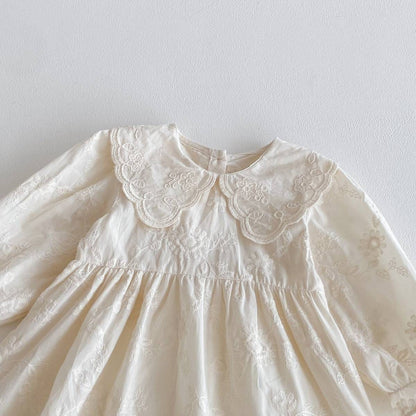 長袖ワンピース 長袖ワンピース 膝丈 花柄ジャガード 丸襟 レース刺繍 ギャザー プリンセス【mh0011384】