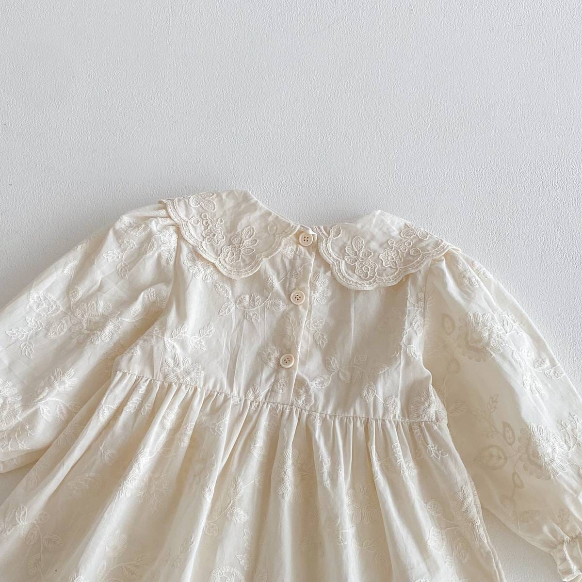 長袖ワンピース 長袖ワンピース 膝丈 花柄ジャガード 丸襟 レース刺繍 ギャザー プリンセス【mh0011384】