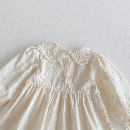 長袖ワンピース 長袖ワンピース 膝丈 花柄ジャガード 丸襟 レース刺繍 ギャザー プリンセス【mh0011384】