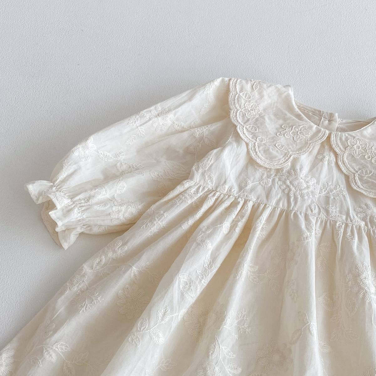 長袖ワンピース 長袖ワンピース 膝丈 花柄ジャガード 丸襟 レース刺繍 ギャザー プリンセス【mh0011384】