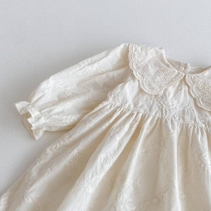 長袖ワンピース 長袖ワンピース 膝丈 花柄ジャガード 丸襟 レース刺繍 ギャザー プリンセス【mh0011384】