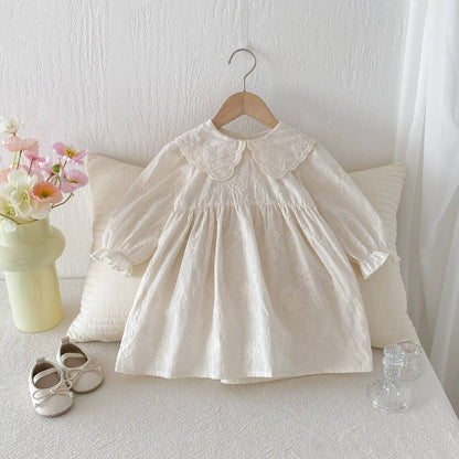 長袖ワンピース 長袖ワンピース 膝丈 花柄ジャガード 丸襟 レース刺繍 ギャザー プリンセス【mh0011384】