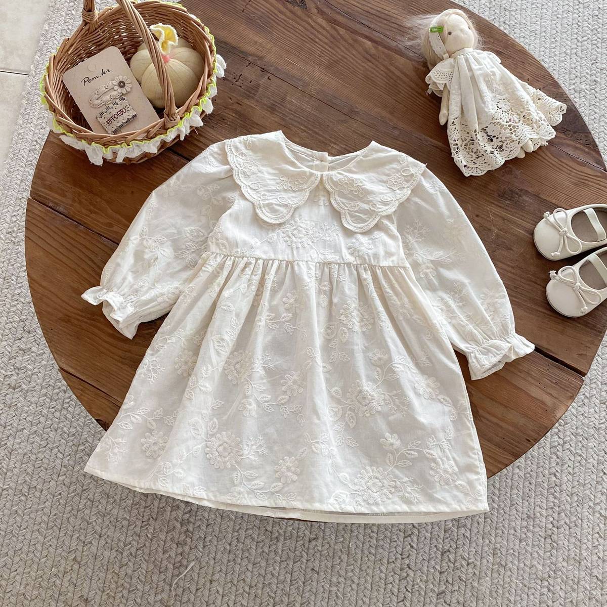 長袖ワンピース 長袖ワンピース 膝丈 花柄ジャガード 丸襟 レース刺繍 ギャザー プリンセス【mh0011384】