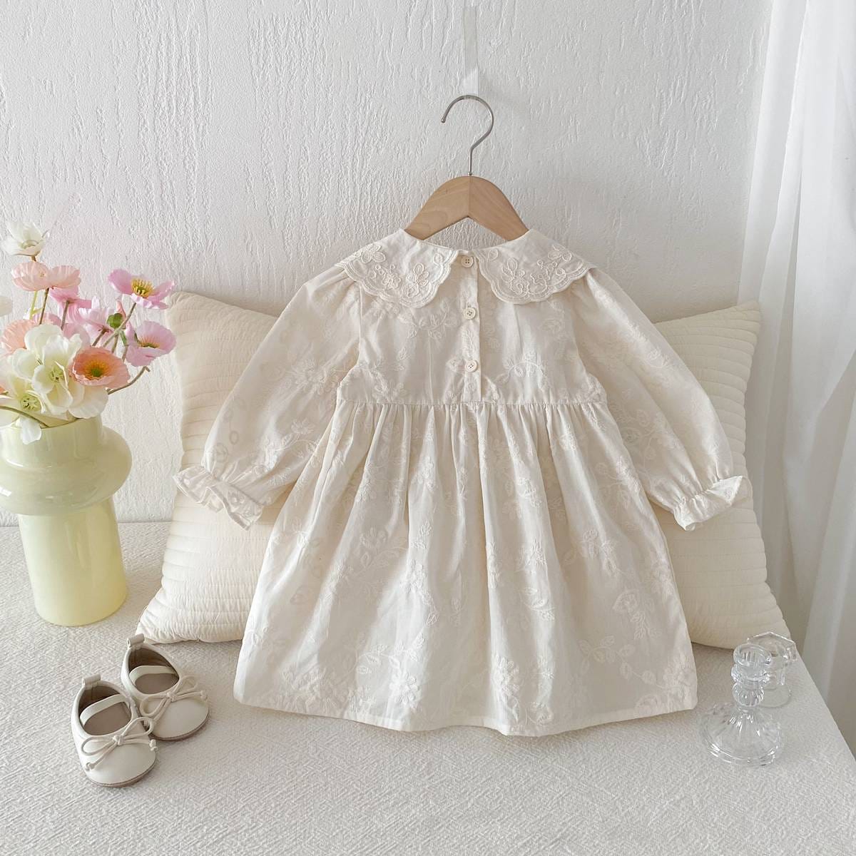 長袖ワンピース 長袖ワンピース 膝丈 花柄ジャガード 丸襟 レース刺繍 ギャザー プリンセス【mh0011384】