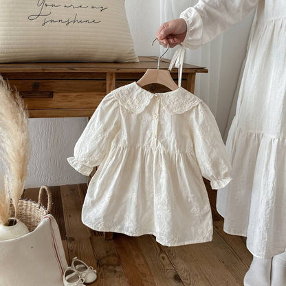 長袖ワンピース 長袖ワンピース 膝丈 花柄ジャガード 丸襟 レース刺繍 ギャザー プリンセス【mh0011384】