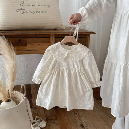 長袖ワンピース 長袖ワンピース 膝丈 花柄ジャガード 丸襟 レース刺繍 ギャザー プリンセス【mh0011384】