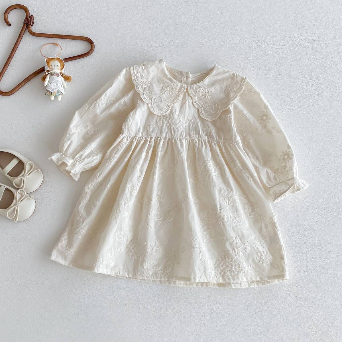 長袖ワンピース 長袖ワンピース 膝丈 花柄ジャガード 丸襟 レース刺繍 ギャザー プリンセス【mh0011384】