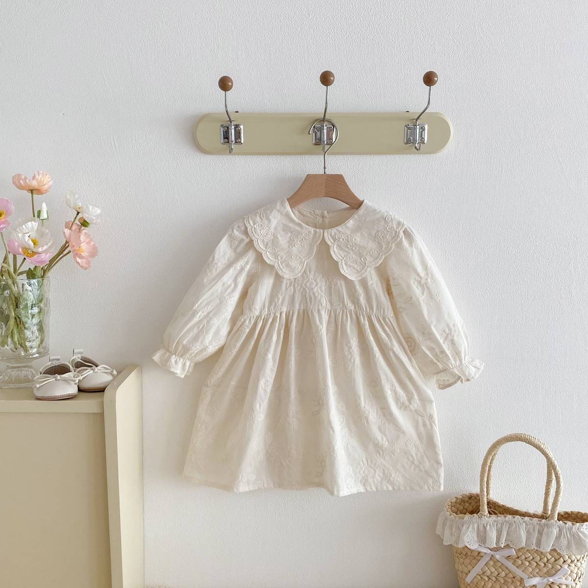 長袖ワンピース 長袖ワンピース 膝丈 花柄ジャガード 丸襟 レース刺繍 ギャザー プリンセス【mh0011384】