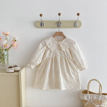 長袖ワンピース 長袖ワンピース 膝丈 花柄ジャガード 丸襟 レース刺繍 ギャザー プリンセス【mh0011384】