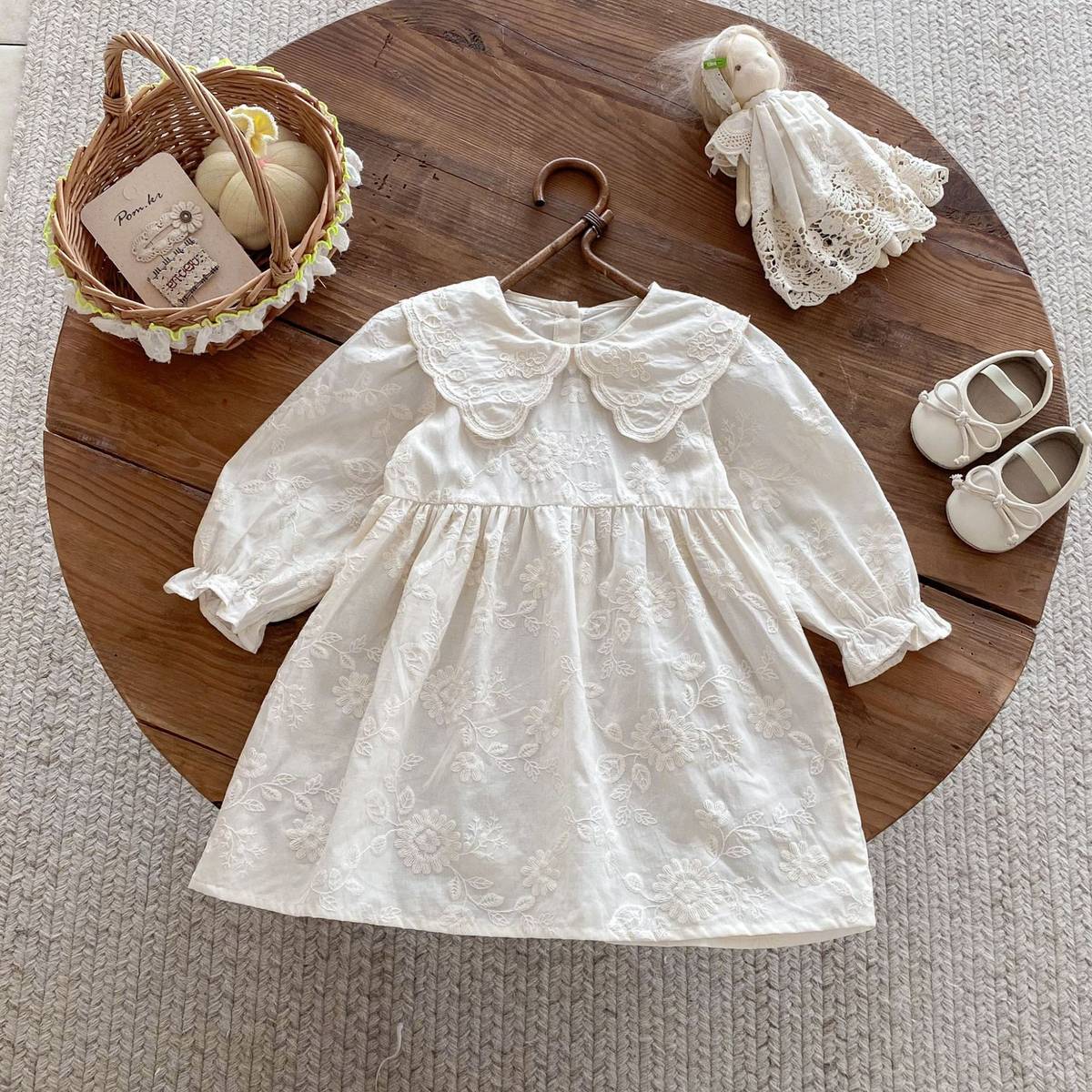 長袖ワンピース 長袖ワンピース 膝丈 花柄ジャガード 丸襟 レース刺繍 ギャザー プリンセス【mh0011384】