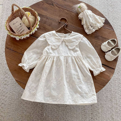 長袖ワンピース 長袖ワンピース 膝丈 花柄ジャガード 丸襟 レース刺繍 ギャザー プリンセス【mh0011384】