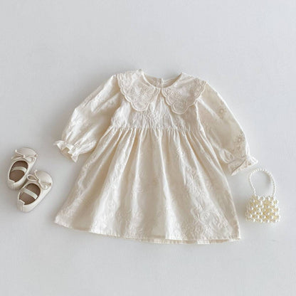 長袖ワンピース 長袖ワンピース 膝丈 花柄ジャガード 丸襟 レース刺繍 ギャザー プリンセス【mh0011384】