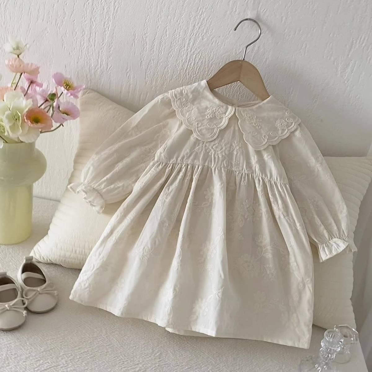 長袖ワンピース 長袖ワンピース 膝丈 花柄ジャガード 丸襟 レース刺繍 ギャザー プリンセス【mh0011384】