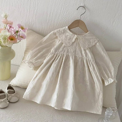 長袖ワンピース 長袖ワンピース 膝丈 花柄ジャガード 丸襟 レース刺繍 ギャザー プリンセス【mh0011384】