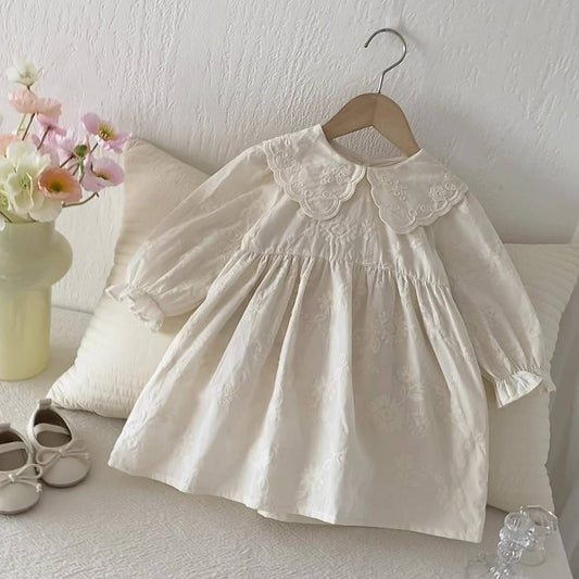 長袖ワンピース 長袖ワンピース 膝丈 花柄ジャガード 丸襟 レース刺繍 ギャザー プリンセス【mh0011384】