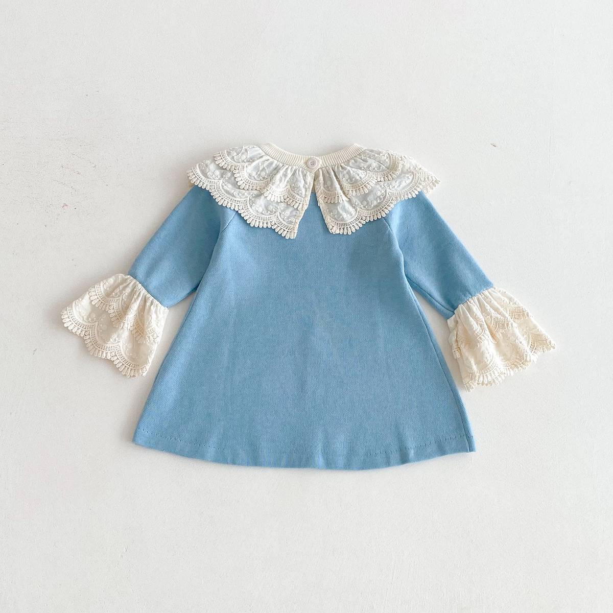 長袖ワンピース 長袖ニットワンピース 膝丈 レース刺繍 ビッグカラー フレアスリーブ プリンセス【mh0011388】