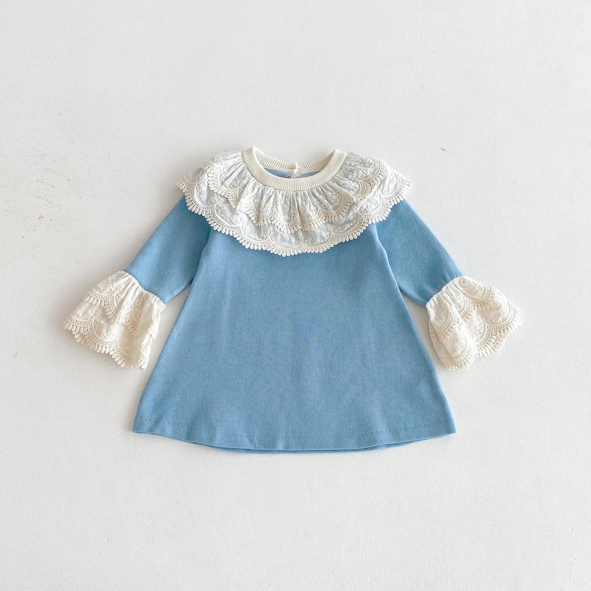 長袖ワンピース 長袖ニットワンピース 膝丈 レース刺繍 ビッグカラー フレアスリーブ プリンセス【mh0011388】