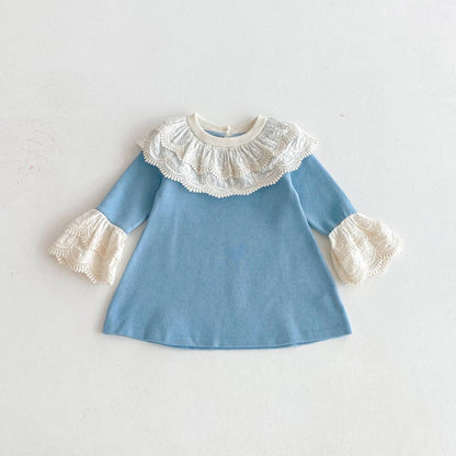 長袖ワンピース 長袖ニットワンピース 膝丈 レース刺繍 ビッグカラー フレアスリーブ プリンセス【mh0011388】