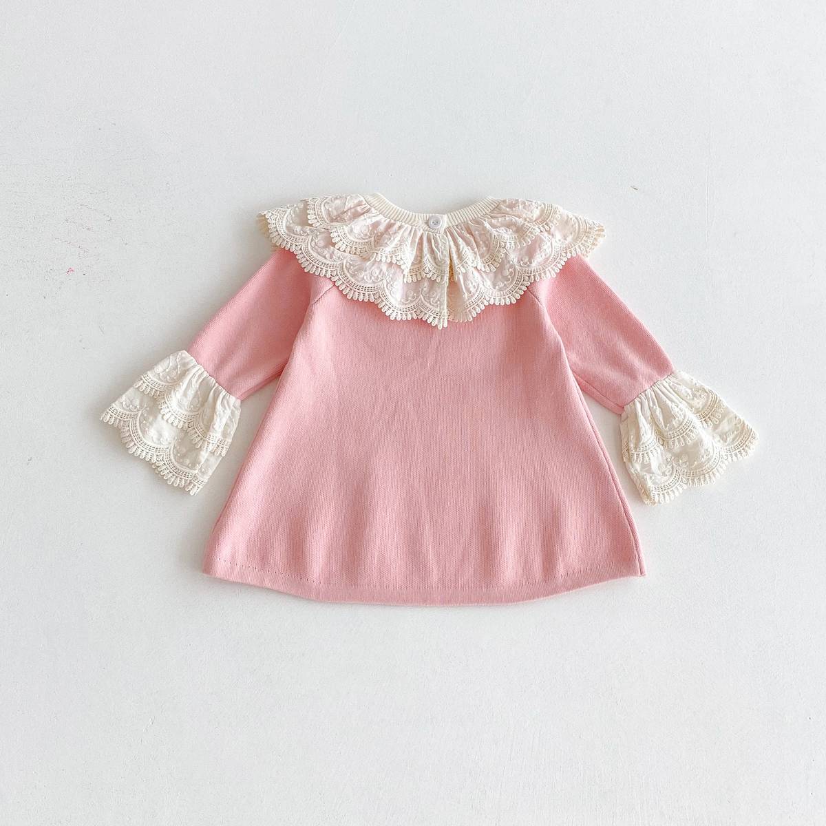 長袖ワンピース 長袖ニットワンピース 膝丈 レース刺繍 ビッグカラー フレアスリーブ プリンセス【mh0011388】