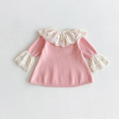 長袖ワンピース 長袖ニットワンピース 膝丈 レース刺繍 ビッグカラー フレアスリーブ プリンセス【mh0011388】