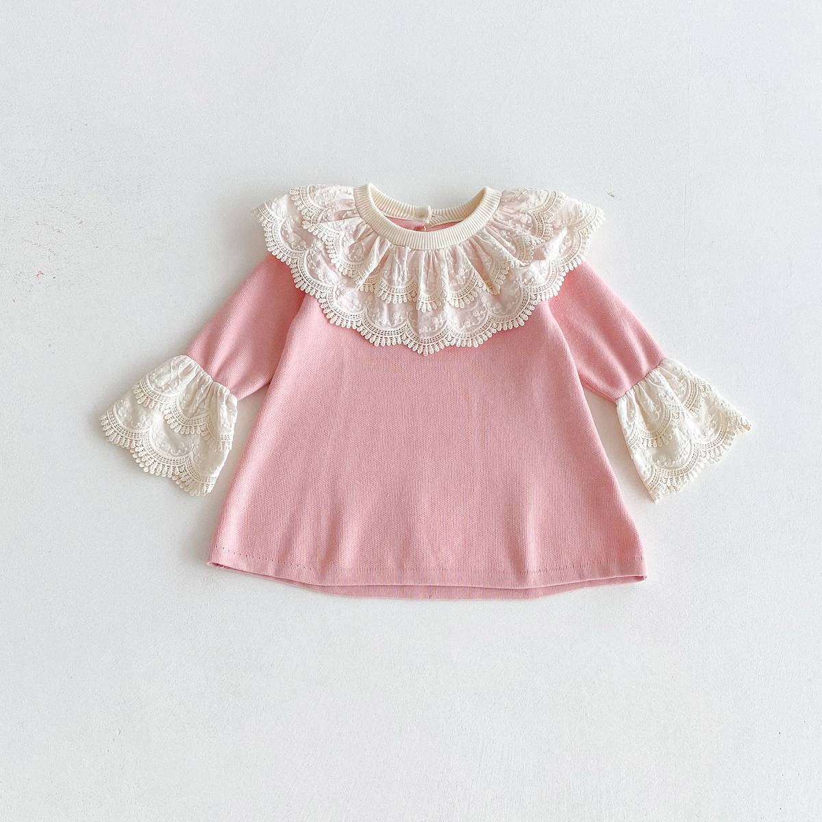 長袖ワンピース 長袖ニットワンピース 膝丈 レース刺繍 ビッグカラー フレアスリーブ プリンセス【mh0011388】