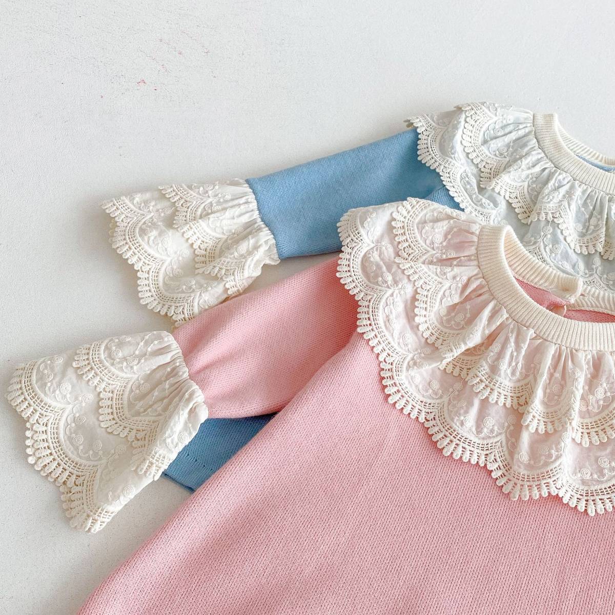 長袖ワンピース 長袖ニットワンピース 膝丈 レース刺繍 ビッグカラー フレアスリーブ プリンセス【mh0011388】