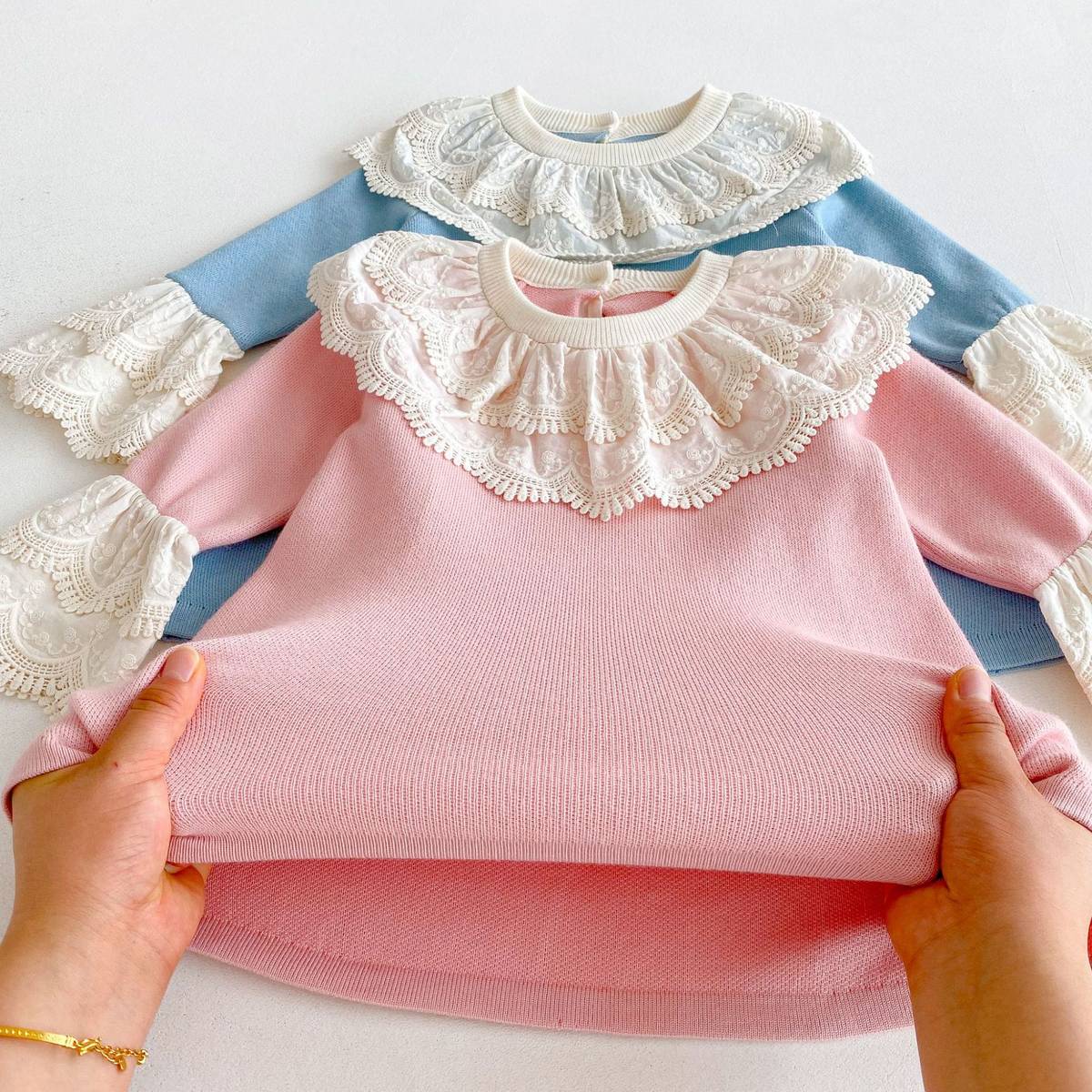 長袖ワンピース 長袖ニットワンピース 膝丈 レース刺繍 ビッグカラー フレアスリーブ プリンセス【mh0011388】