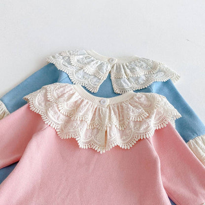 長袖ワンピース 長袖ニットワンピース 膝丈 レース刺繍 ビッグカラー フレアスリーブ プリンセス【mh0011388】