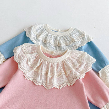 長袖ワンピース 長袖ニットワンピース 膝丈 レース刺繍 ビッグカラー フレアスリーブ プリンセス【mh0011388】