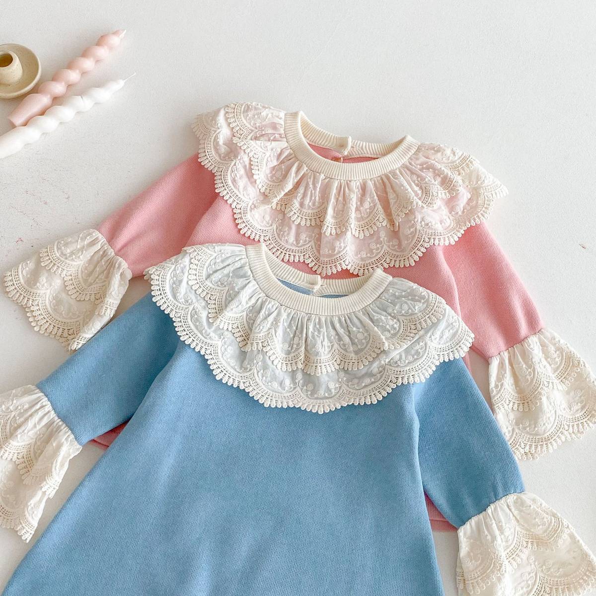 長袖ワンピース 長袖ニットワンピース 膝丈 レース刺繍 ビッグカラー フレアスリーブ プリンセス【mh0011388】