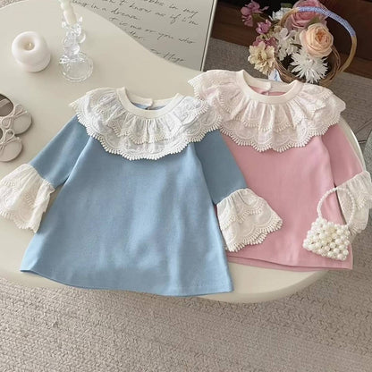 長袖ワンピース 長袖ニットワンピース 膝丈 レース刺繍 ビッグカラー フレアスリーブ プリンセス【mh0011388】