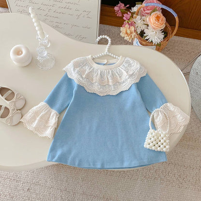 長袖ワンピース 長袖ニットワンピース 膝丈 レース刺繍 ビッグカラー フレアスリーブ プリンセス【mh0011388】