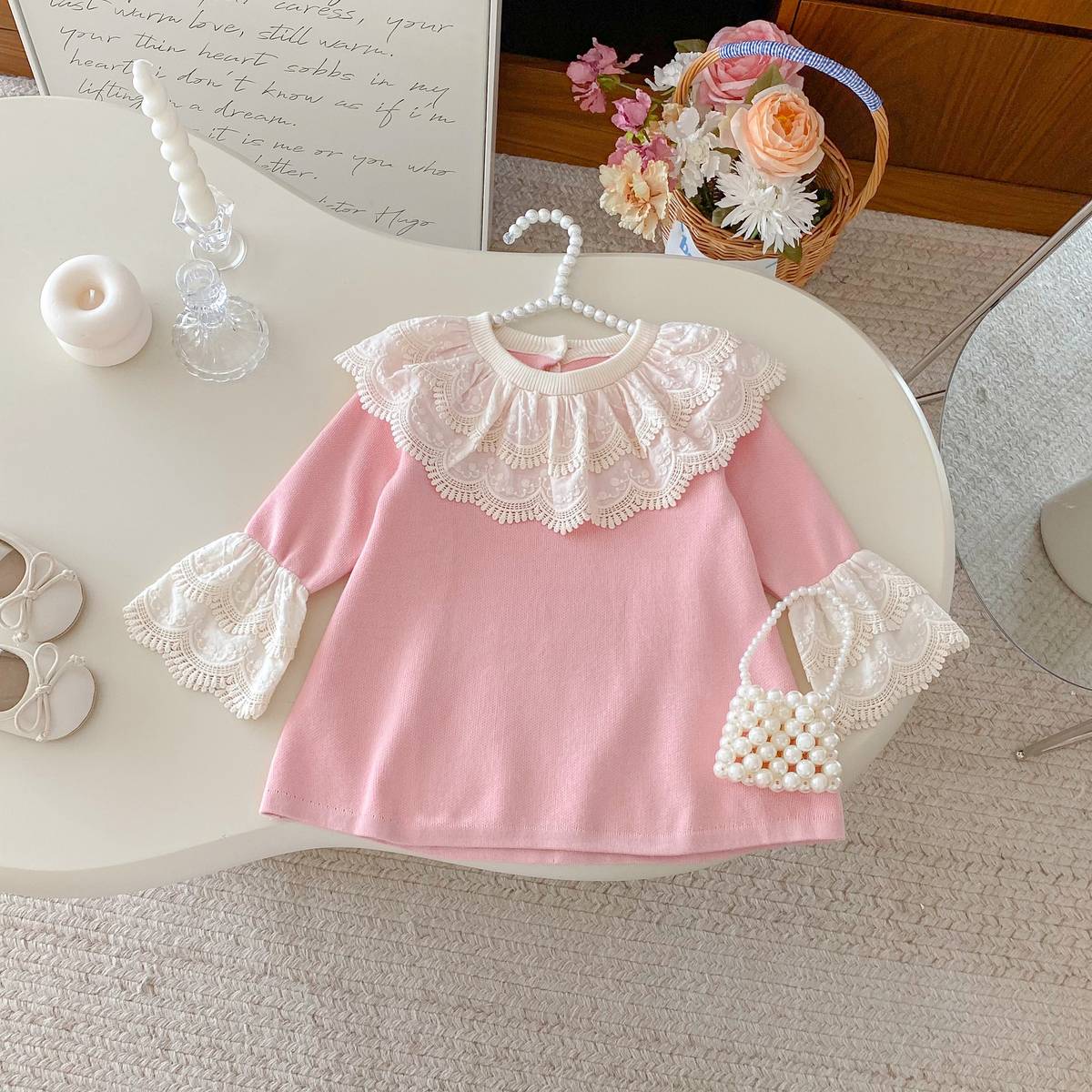 長袖ワンピース 長袖ニットワンピース 膝丈 レース刺繍 ビッグカラー フレアスリーブ プリンセス【mh0011388】