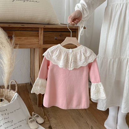 長袖ワンピース 長袖ニットワンピース 膝丈 レース刺繍 ビッグカラー フレアスリーブ プリンセス【mh0011388】