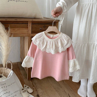 長袖ワンピース 長袖ニットワンピース 膝丈 レース刺繍 ビッグカラー フレアスリーブ プリンセス【mh0011388】