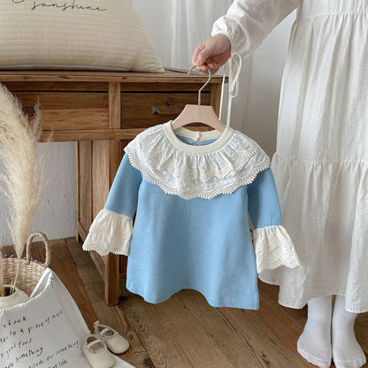 長袖ワンピース 長袖ニットワンピース 膝丈 レース刺繍 ビッグカラー フレアスリーブ プリンセス【mh0011388】