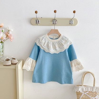 長袖ワンピース 長袖ニットワンピース 膝丈 レース刺繍 ビッグカラー フレアスリーブ プリンセス【mh0011388】